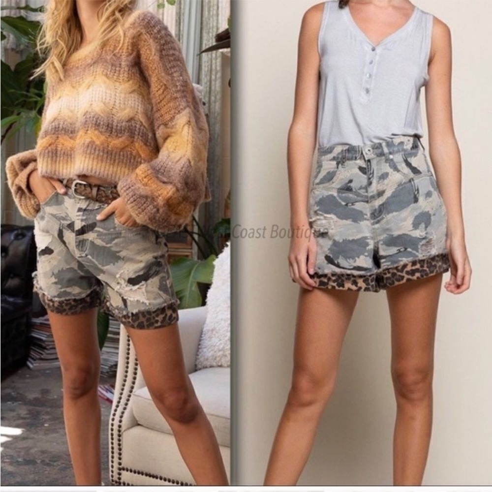 POL Camo Leopard Print Distressed High Waisted Shorts